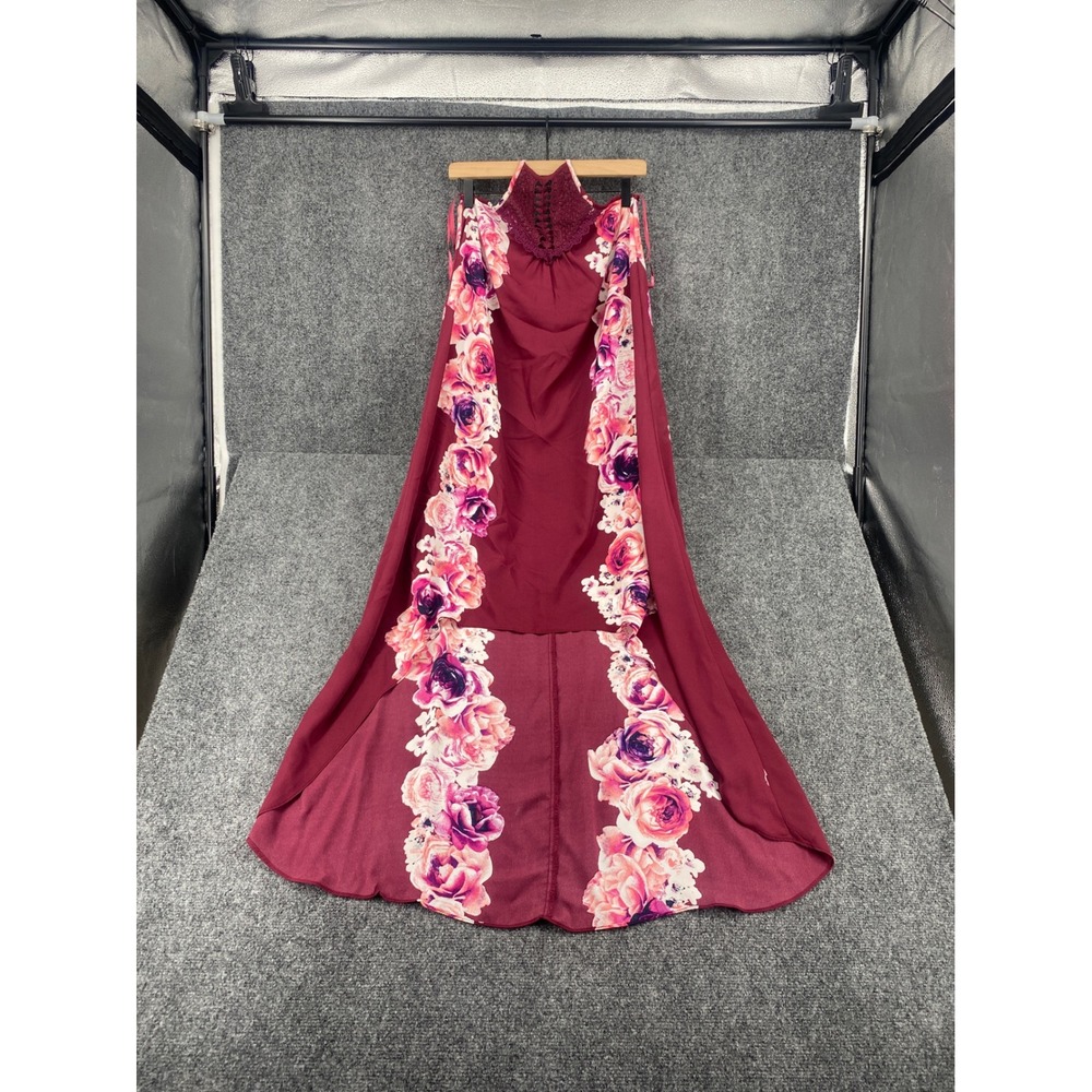City Triangles Floral Halter Maxi Dress Womens Small Burgundy Lace High Neck